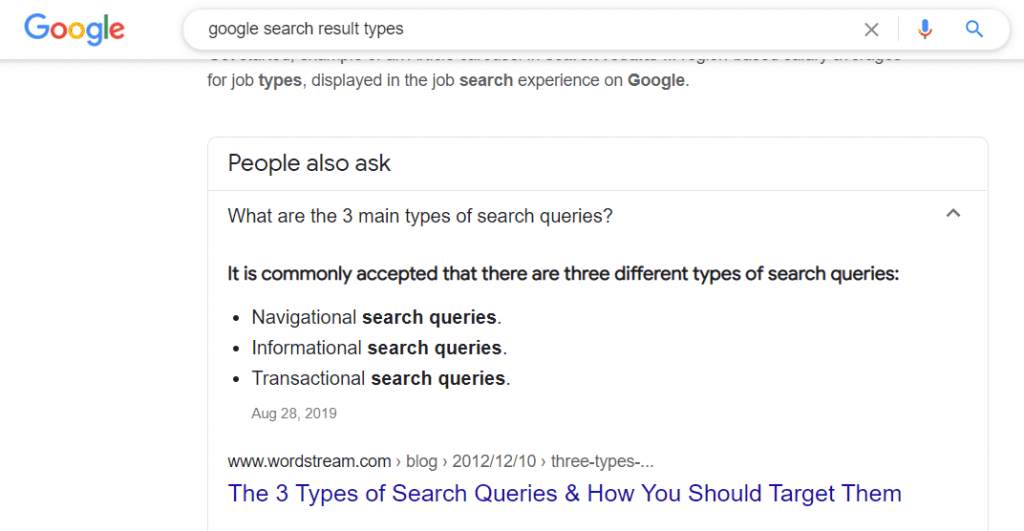 Related Questions - People also Ask featured snippet search result type