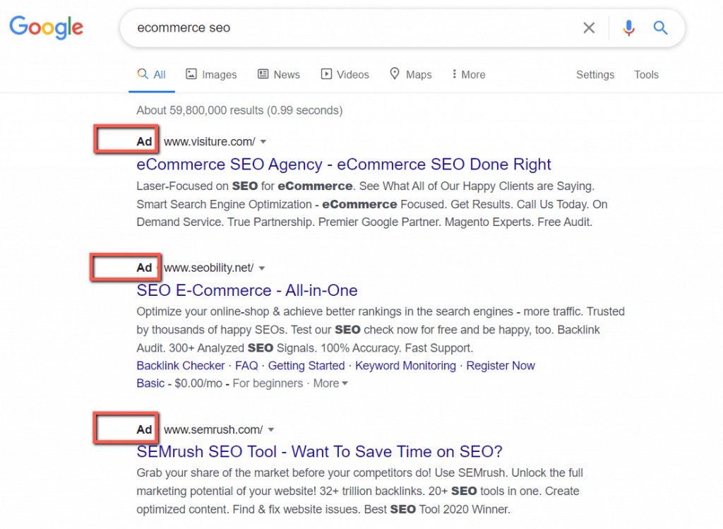 Google Ads type of Google search results