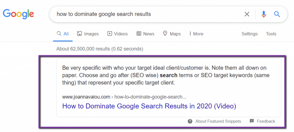 Paragraph/Text/Definition featured snippet search result - position zero - Joanna Vaiou